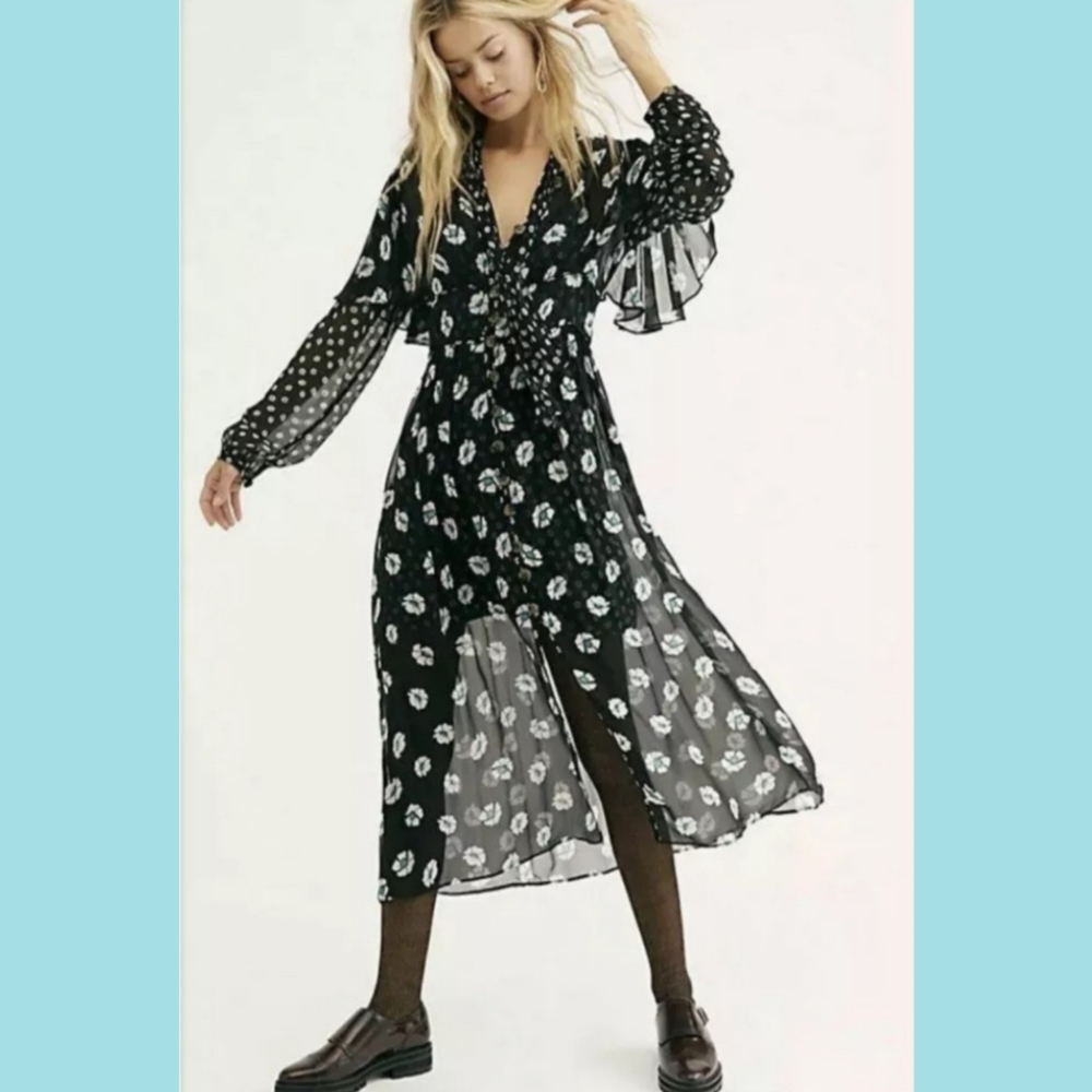 Free People Black Chiffon Dazey Shirt Dress Size Medium